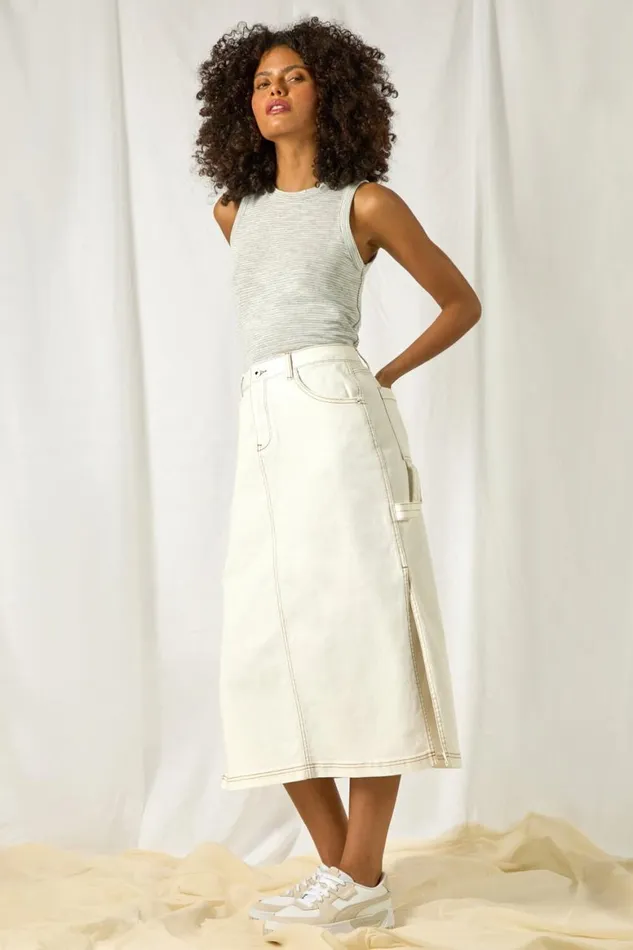 Women Natural Cotton Denim Side Split Midi Skirt Roman Skirts