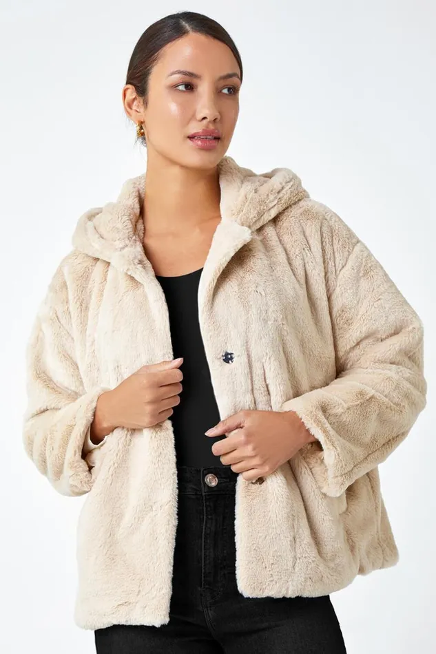 Women Natural Faux Fur Hooded Jacket Roman Jackets