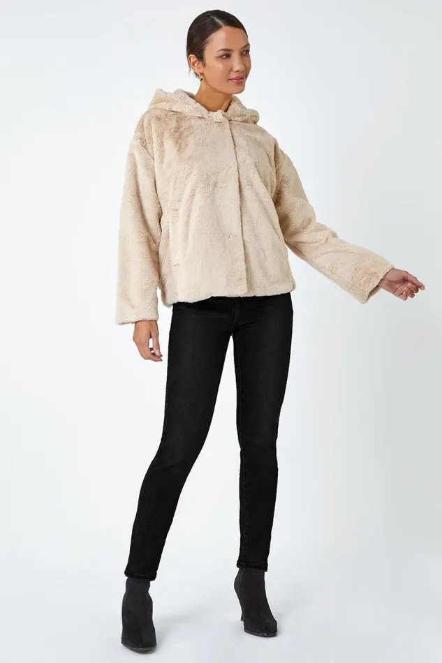 Women Natural Faux Fur Hooded Jacket Roman Jackets