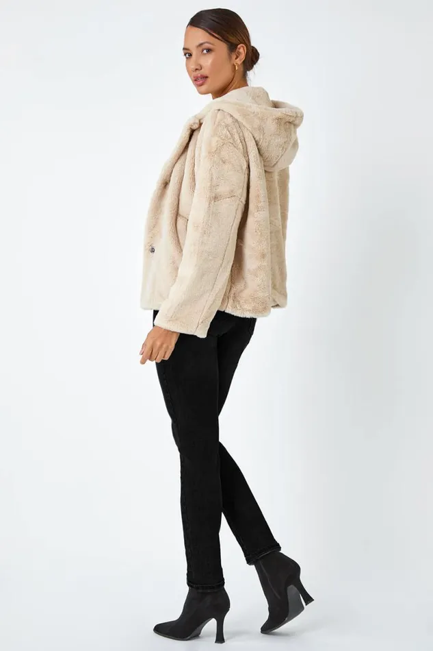 Women Natural Faux Fur Hooded Jacket Roman Jackets