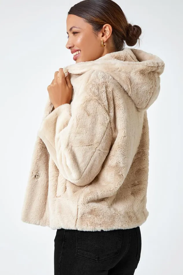 Women Natural Faux Fur Hooded Jacket Roman Jackets