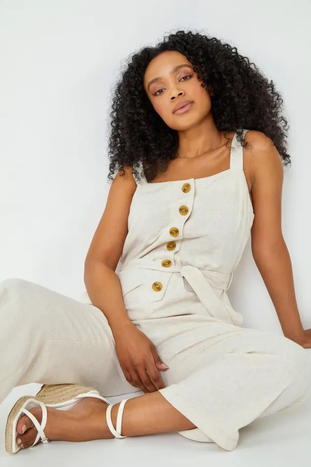 Women Natural Petite Sleeveless Linen Blend Jumpsuit Roman Dresses