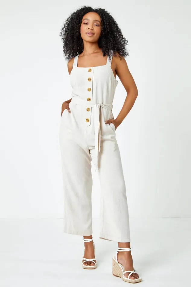 Women Natural Petite Sleeveless Linen Blend Jumpsuit Roman Dresses