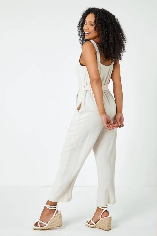 Women Natural Petite Sleeveless Linen Blend Jumpsuit Roman Dresses