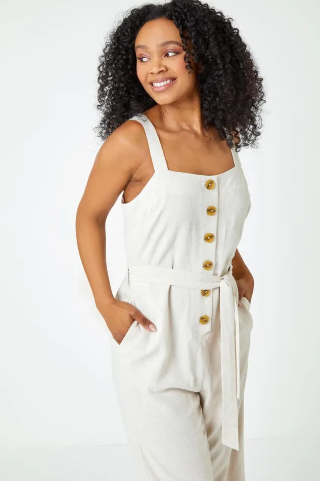 Women Natural Petite Sleeveless Linen Blend Jumpsuit Roman Dresses
