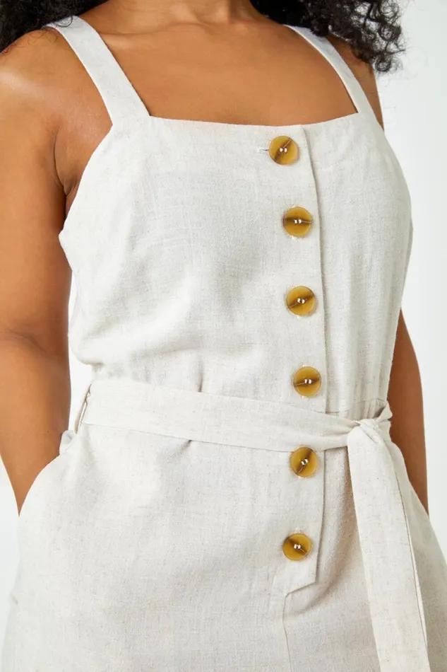Women Natural Petite Sleeveless Linen Blend Jumpsuit Roman Dresses