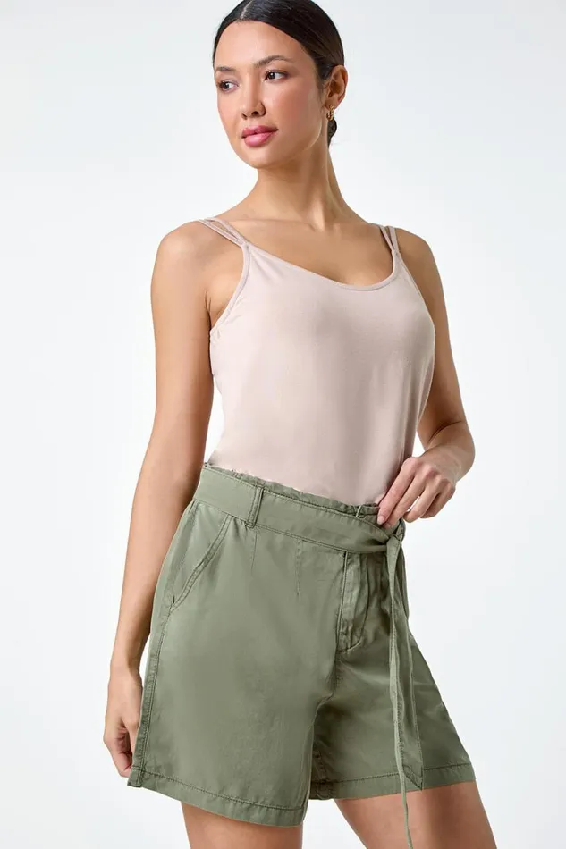 Women Natural Plain Double Strap VNeck Stretch Vest Top Roman Tops
