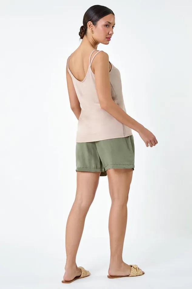 Women Natural Plain Double Strap VNeck Stretch Vest Top Roman Tops