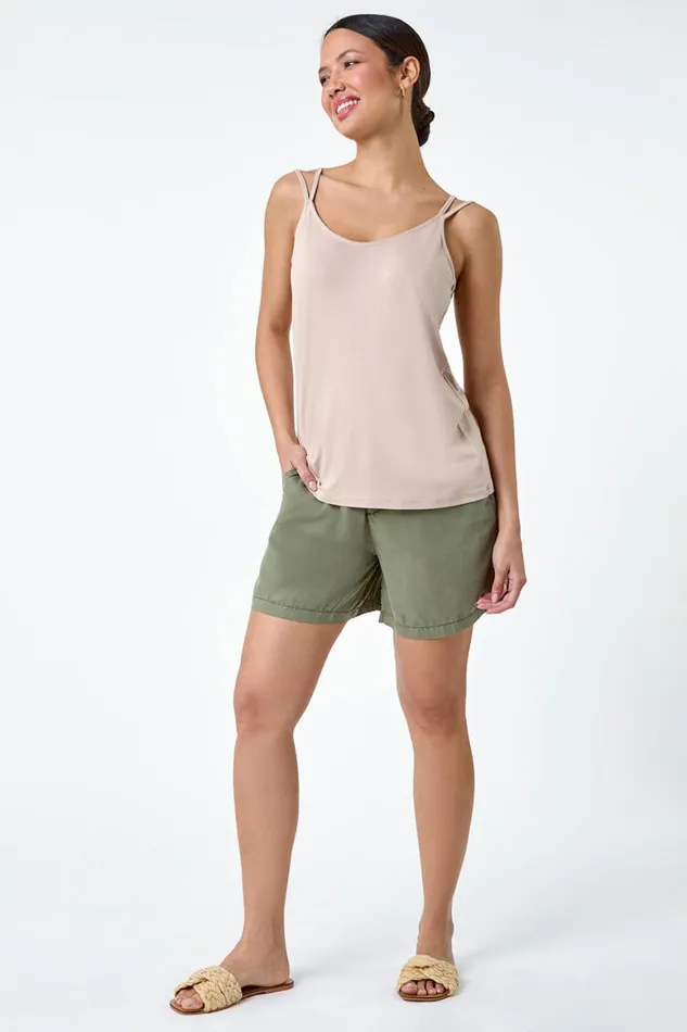 Women Natural Plain Double Strap VNeck Stretch Vest Top Roman Tops