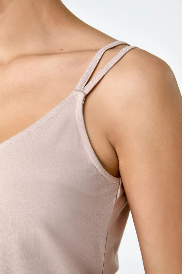 Women Natural Plain Double Strap VNeck Stretch Vest Top Roman Tops
