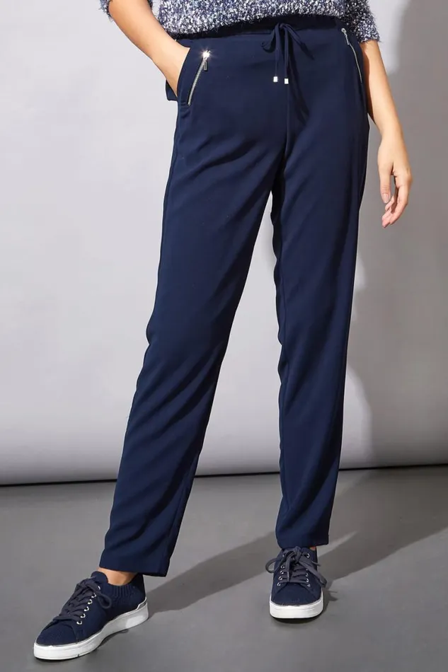 Women Navy 29 Inch Elastic Waist Tie Front Jogger Roman Trousers