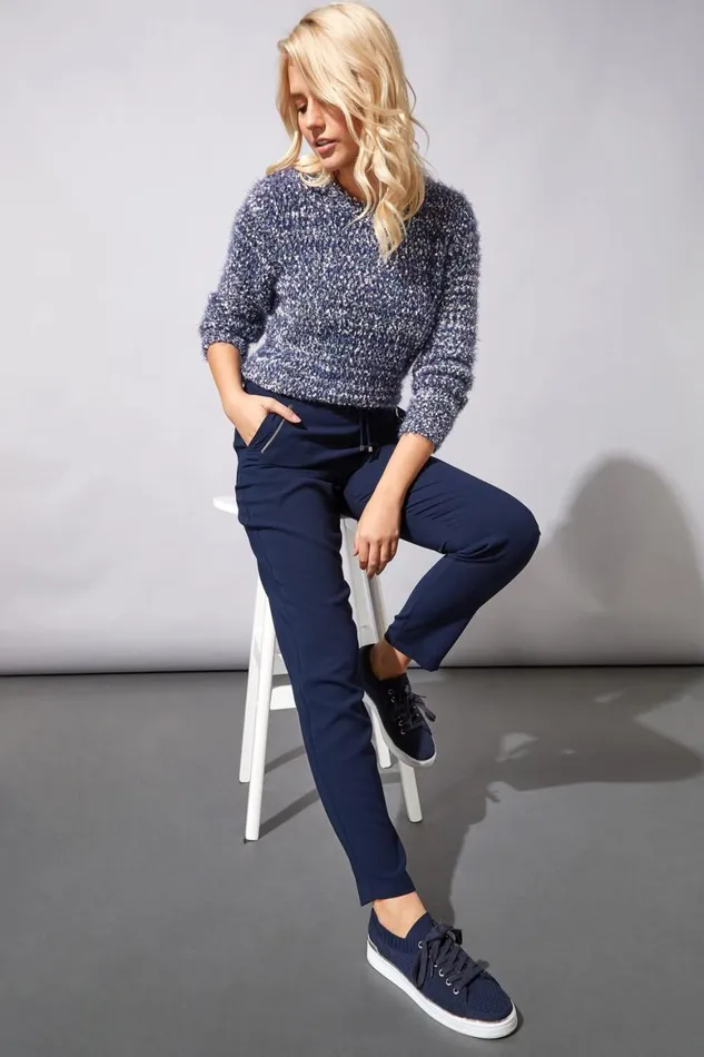 Women Navy 29 Inch Elastic Waist Tie Front Jogger Roman Trousers