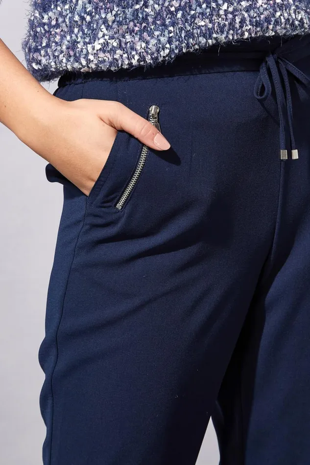 Women Navy 29 Inch Elastic Waist Tie Front Jogger Roman Trousers