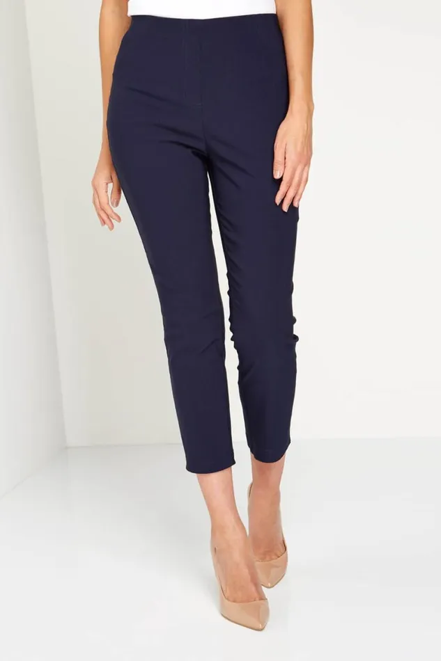 Women Navy 34 Length Stretch Elastic Waist Trouser Roman Trousers