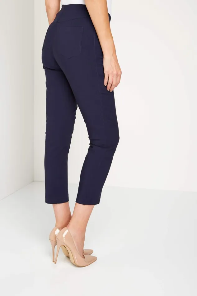 Women Navy 34 Length Stretch Elastic Waist Trouser Roman Trousers