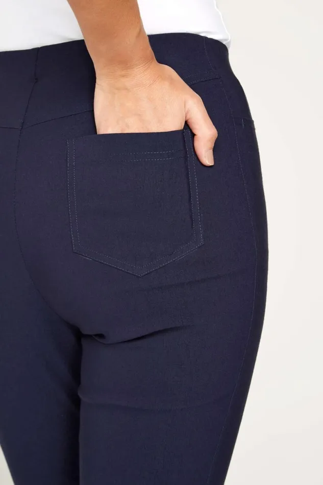 Women Navy 34 Length Stretch Elastic Waist Trouser Roman Trousers