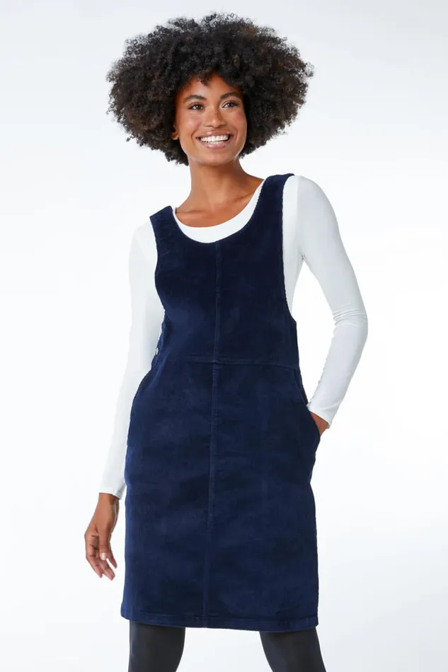 Women Navy Button Corduroy Pinafore Dress Roman Dresses
