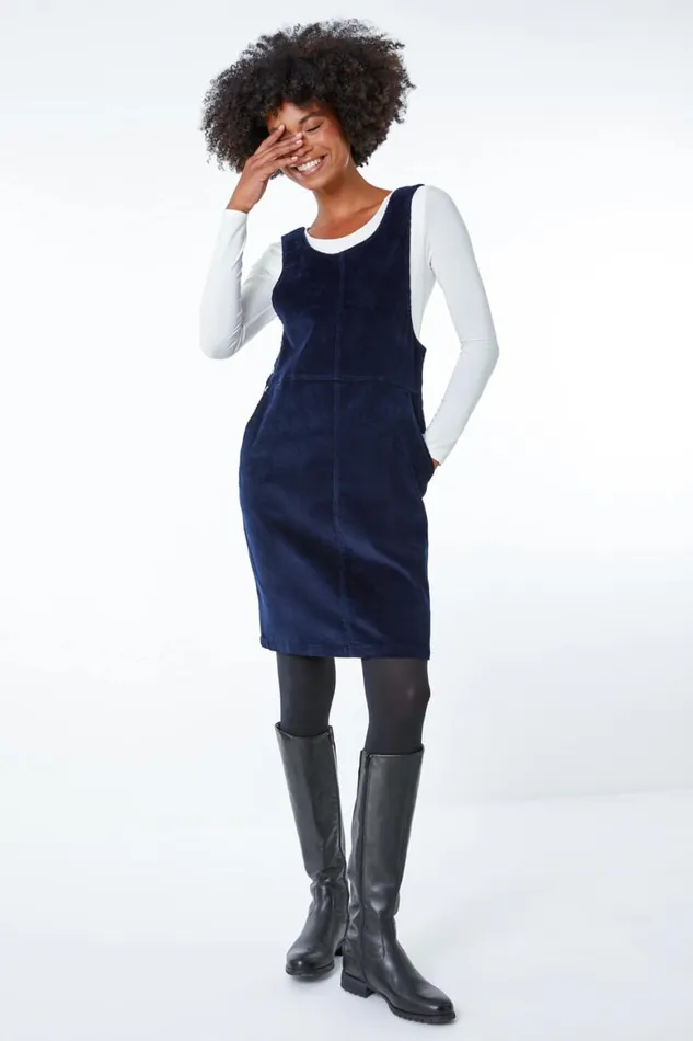Women Navy Button Corduroy Pinafore Dress Roman Dresses