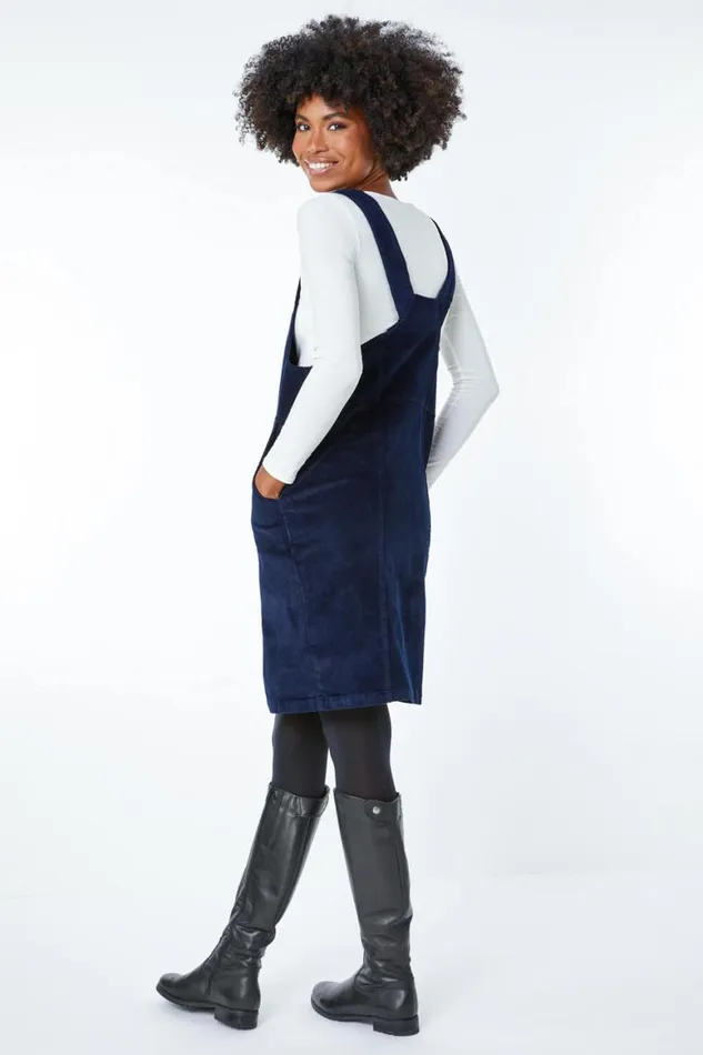 Women Navy Button Corduroy Pinafore Dress Roman Dresses