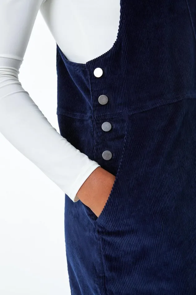 Women Navy Button Corduroy Pinafore Dress Roman Dresses
