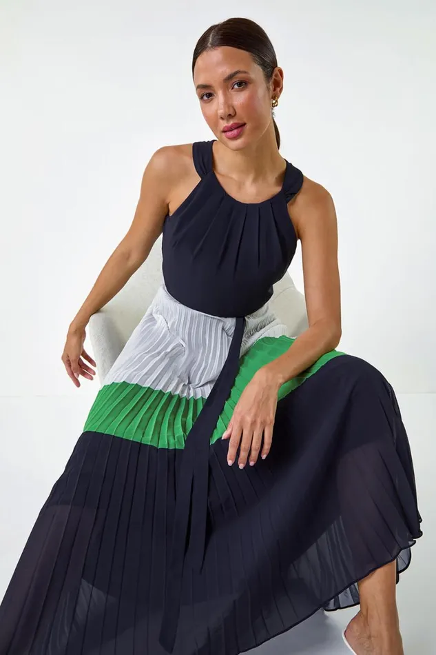 Women Navy Colourblock Pleat Halter Neck Maxi Dress Roman Dresses