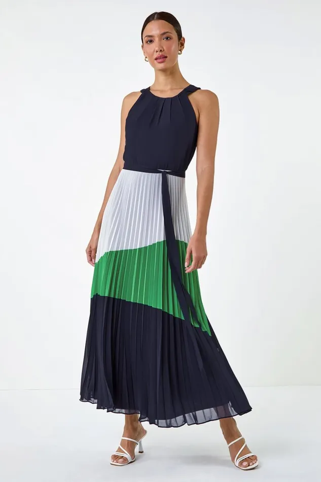 Women Navy Colourblock Pleat Halter Neck Maxi Dress Roman Dresses