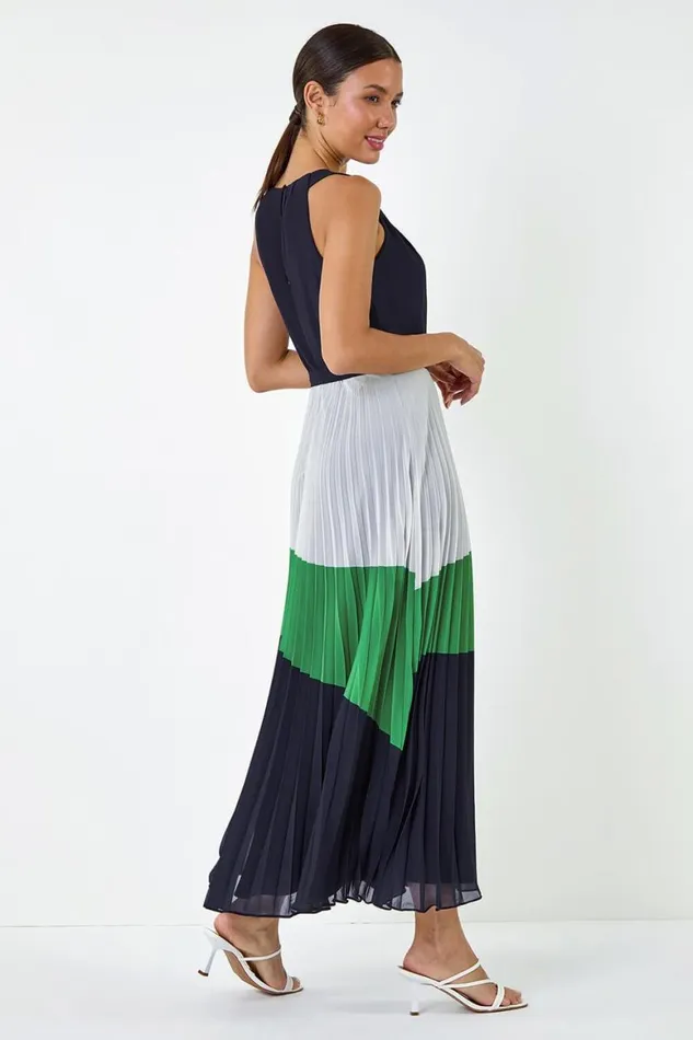 Women Navy Colourblock Pleat Halter Neck Maxi Dress Roman Dresses