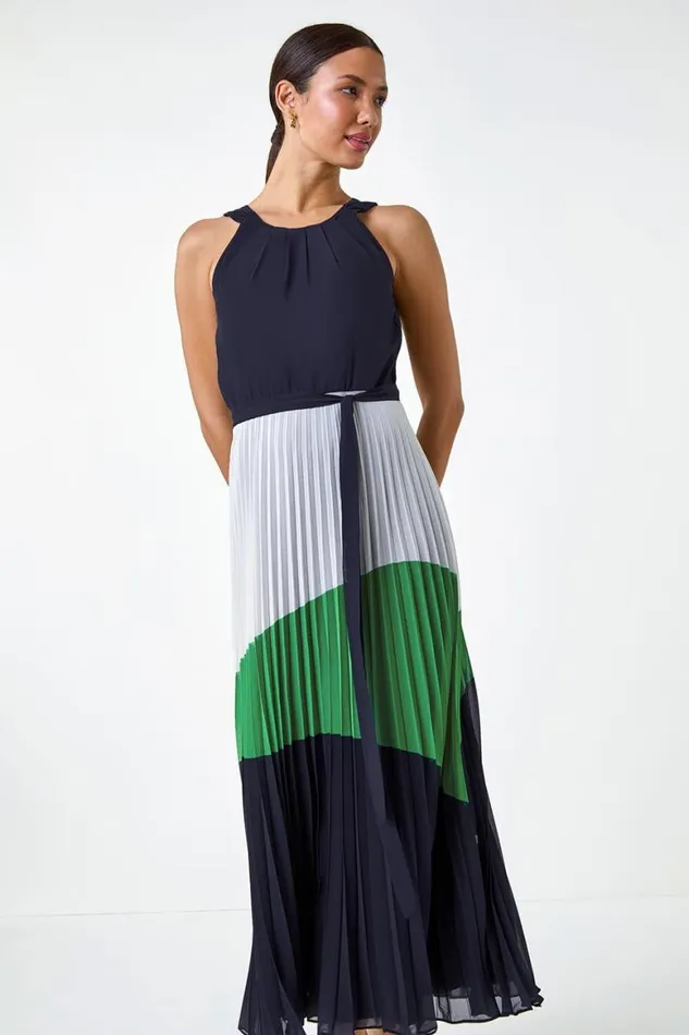Women Navy Colourblock Pleat Halter Neck Maxi Dress Roman Dresses