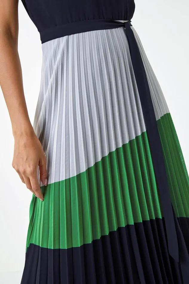 Women Navy Colourblock Pleat Halter Neck Maxi Dress Roman Dresses