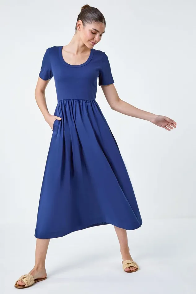 Women Navy Cotton Stretch Jersey Mix Midi Dress Roman Dresses