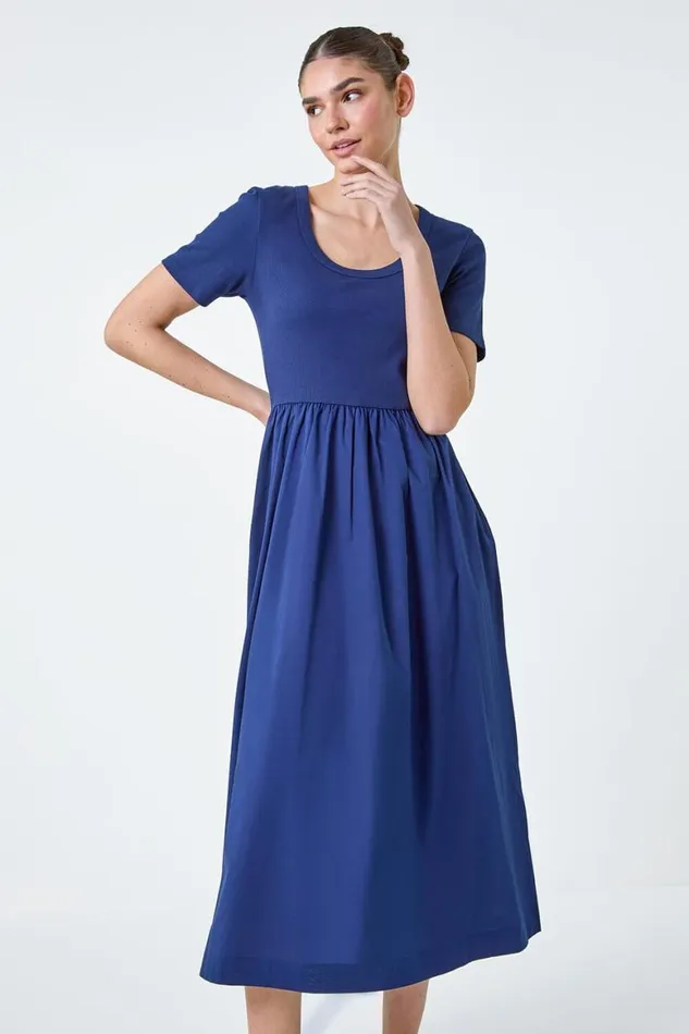 Women Navy Cotton Stretch Jersey Mix Midi Dress Roman Dresses