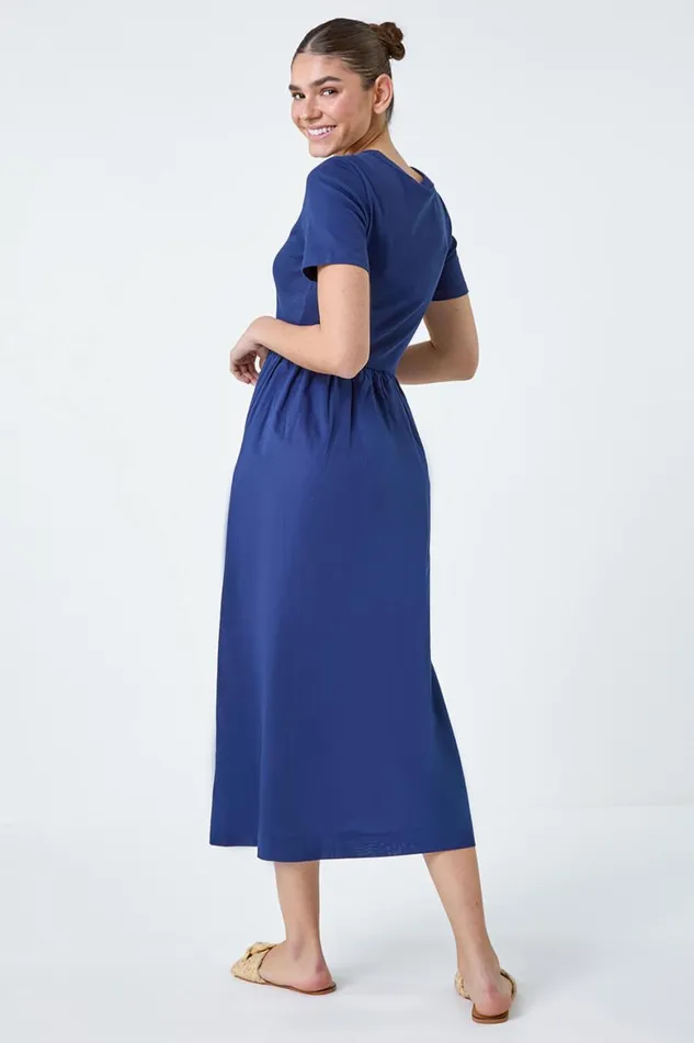 Women Navy Cotton Stretch Jersey Mix Midi Dress Roman Dresses