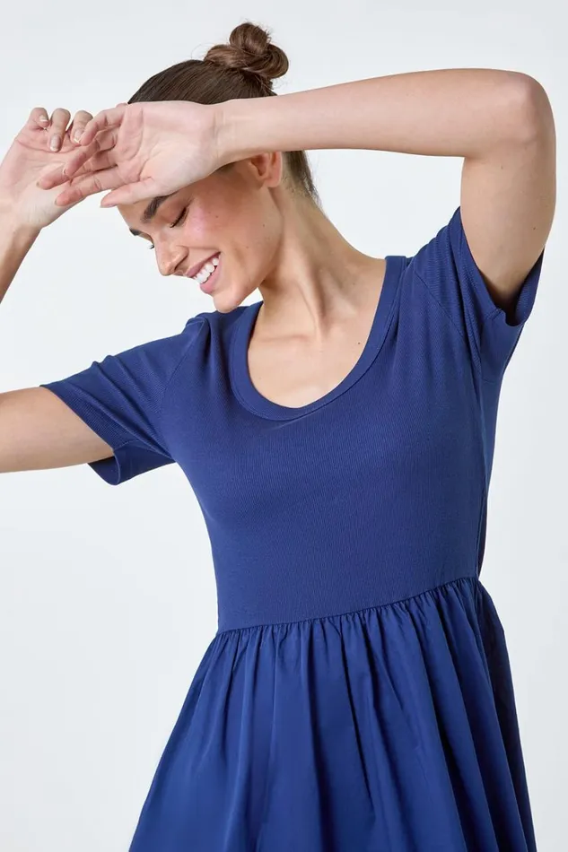Women Navy Cotton Stretch Jersey Mix Midi Dress Roman Dresses