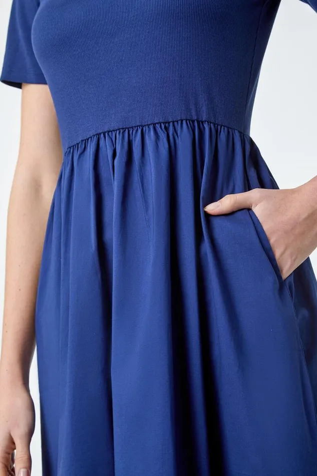 Women Navy Cotton Stretch Jersey Mix Midi Dress Roman Dresses