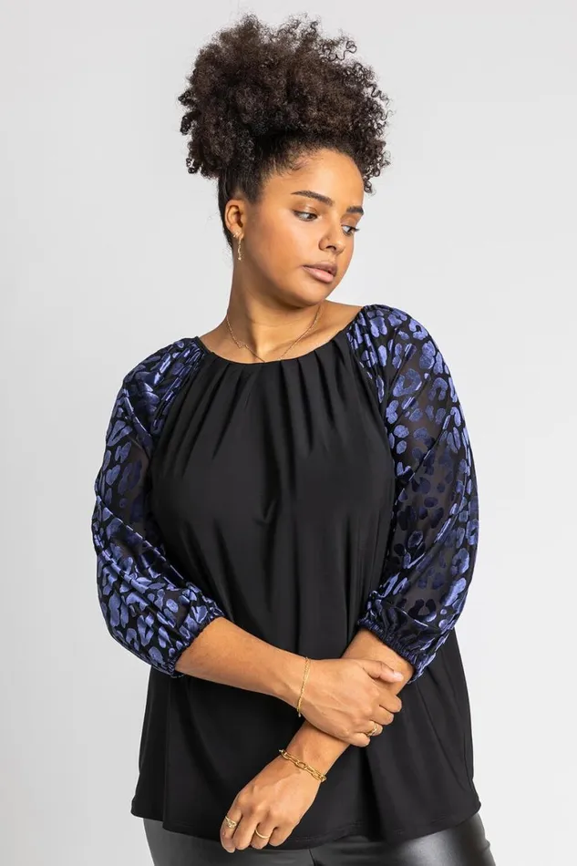 Women Navy Curve Animal Print Burnout Tunic Top Roman Tops