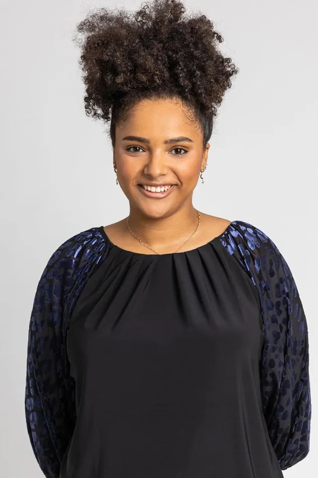 Women Navy Curve Animal Print Burnout Tunic Top Roman Tops