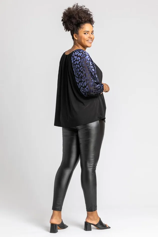 Women Navy Curve Animal Print Burnout Tunic Top Roman Tops