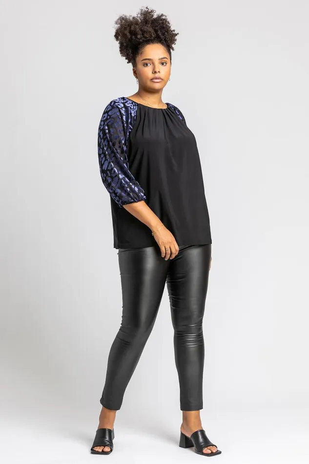 Women Navy Curve Animal Print Burnout Tunic Top Roman Tops