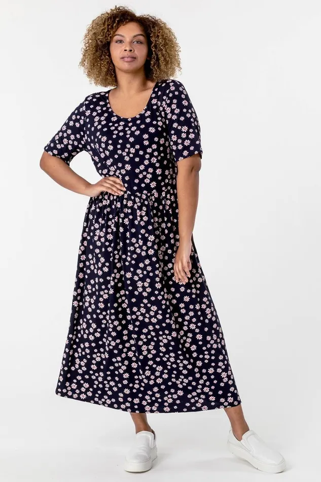 Women Navy Curve Ditsy Floral Print Midi Dress Roman Dresses