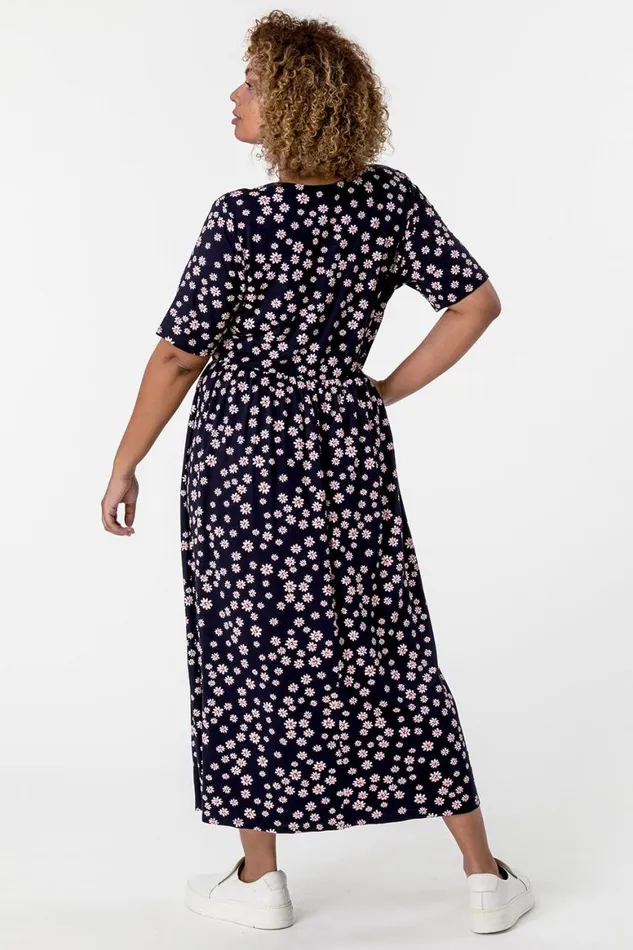 Women Navy Curve Ditsy Floral Print Midi Dress Roman Dresses