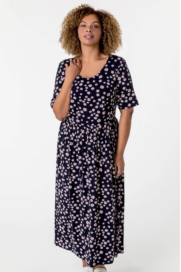 Women Navy Curve Ditsy Floral Print Midi Dress Roman Dresses