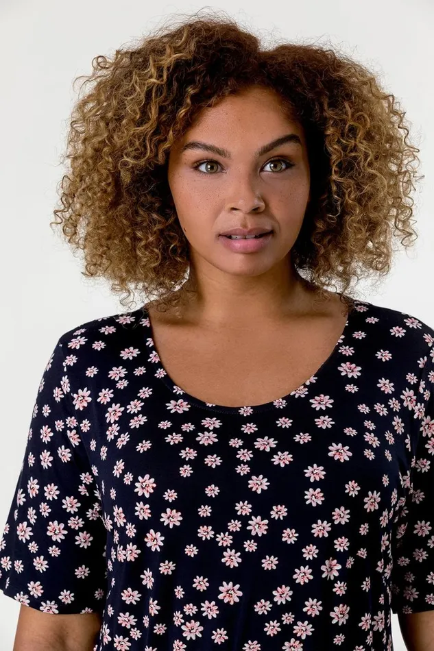 Women Navy Curve Ditsy Floral Print Midi Dress Roman Dresses