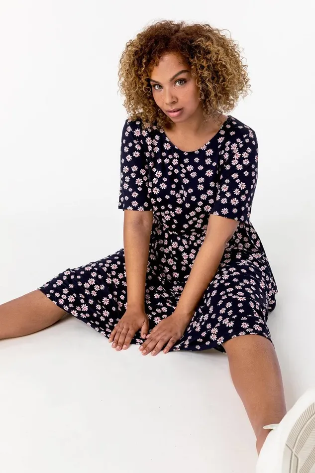 Women Navy Curve Ditsy Floral Print Midi Dress Roman Dresses