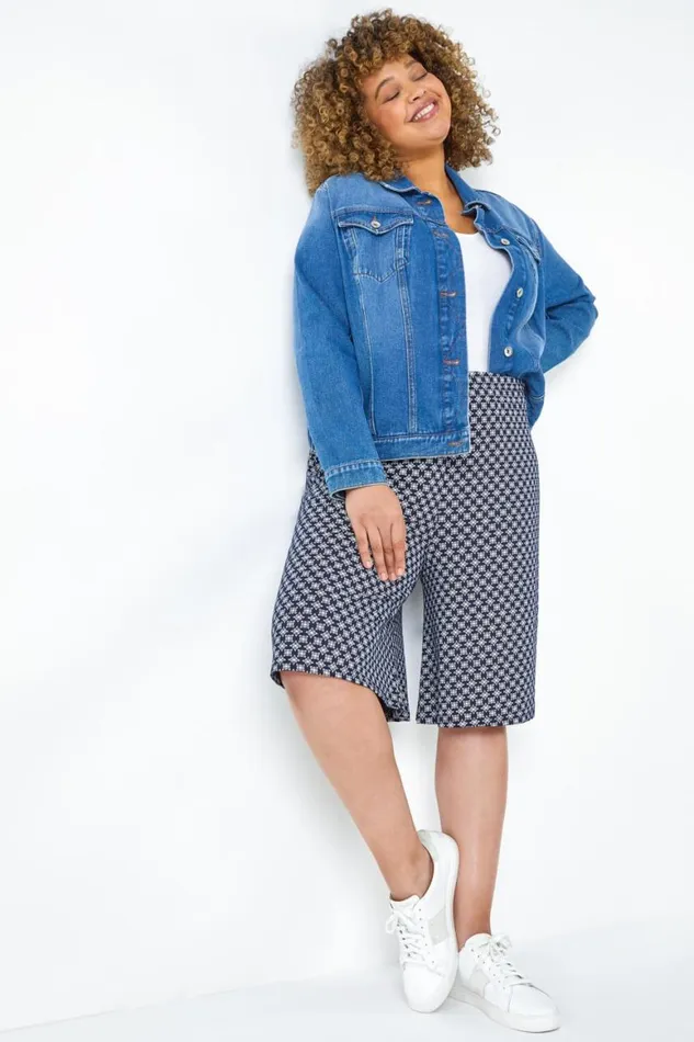Women Navy Curve Geometric Elastic Waist Stretch Shorts Roman Shorts
