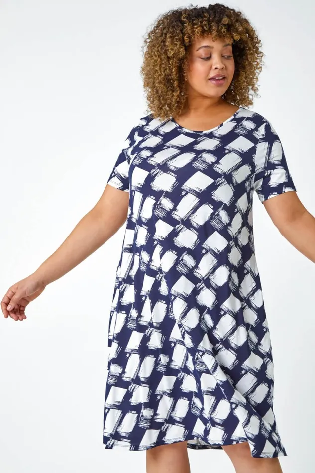 Women Navy Curve Geometric Print Pocket Stretch Dress Roman Dresses
