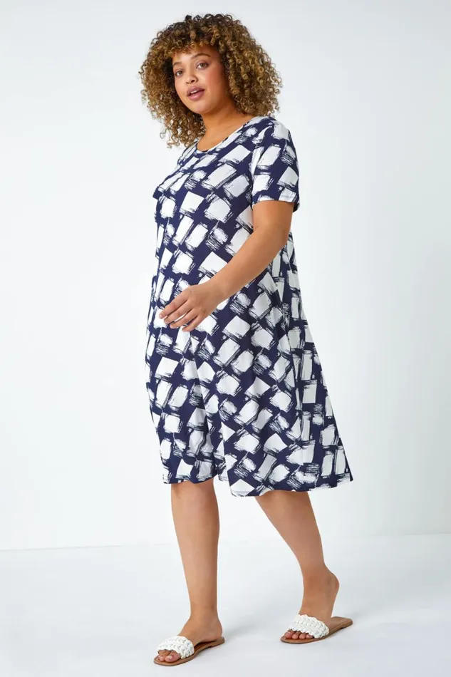 Women Navy Curve Geometric Print Pocket Stretch Dress Roman Dresses