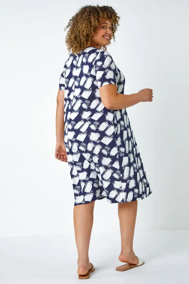 Women Navy Curve Geometric Print Pocket Stretch Dress Roman Dresses
