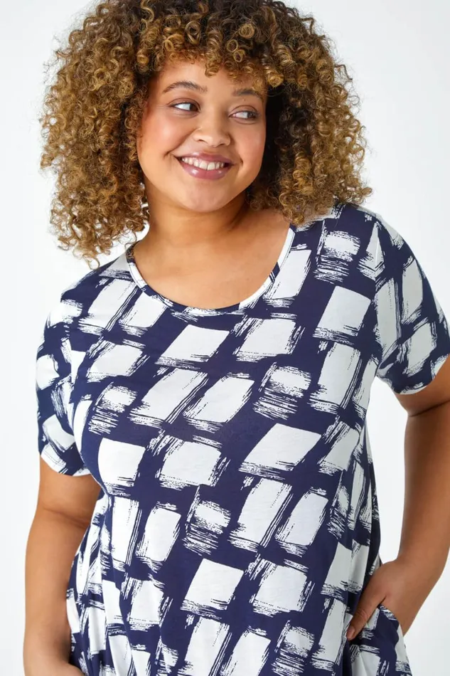Women Navy Curve Geometric Print Pocket Stretch Dress Roman Dresses