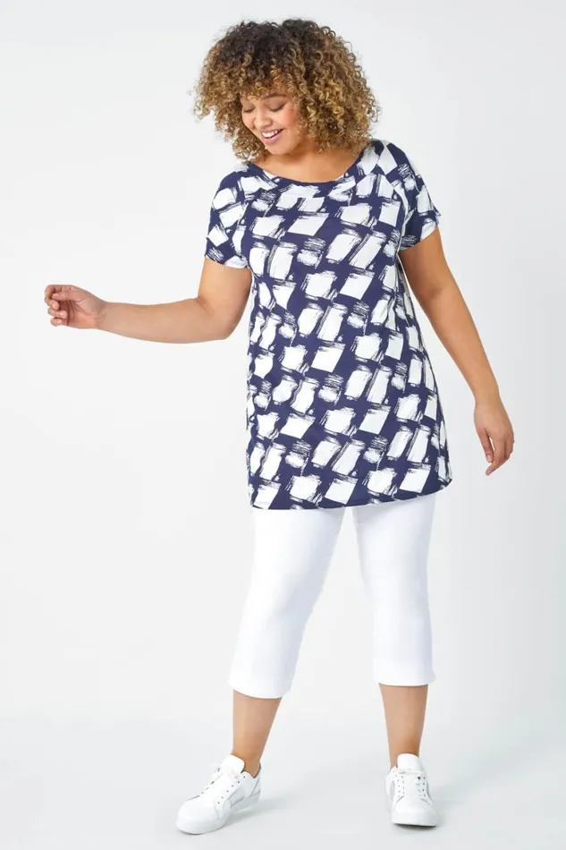 Women Navy Curve Geometric Print Stretch Bardot Top Roman Tops