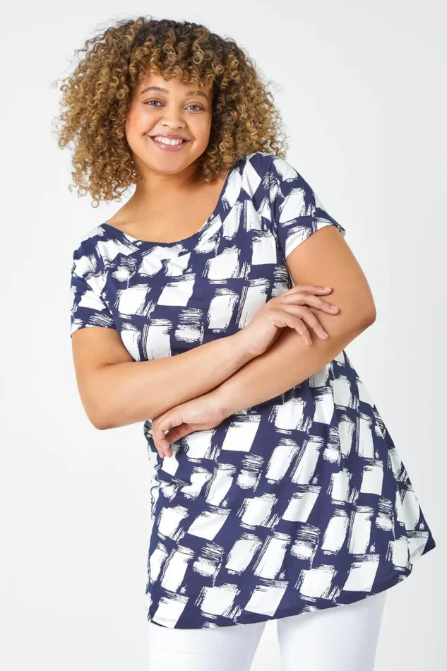 Women Navy Curve Geometric Print Stretch Bardot Top Roman Tops